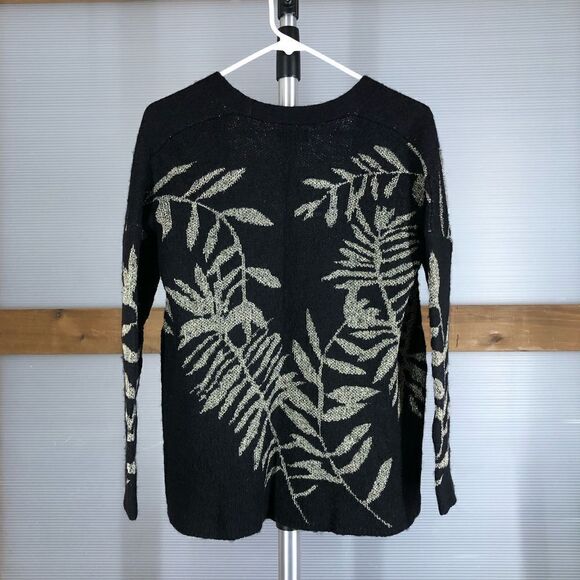 Lucky BRAND Wool Blend Black Open Cardigan Metallic‎ Gold Leaf Motif Sz S - Picture 7 of 10